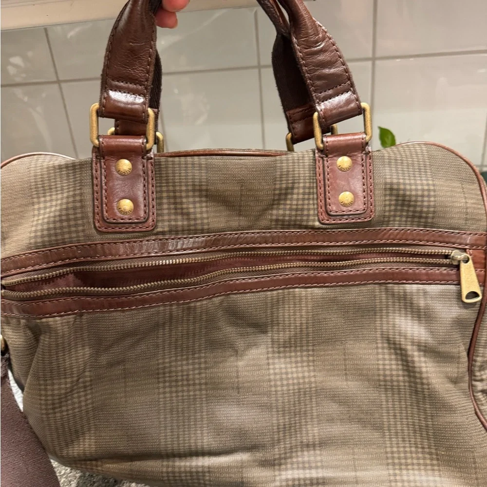 Vintage Rare Green Plaid Pattern Leather Fossil Messenger Bag